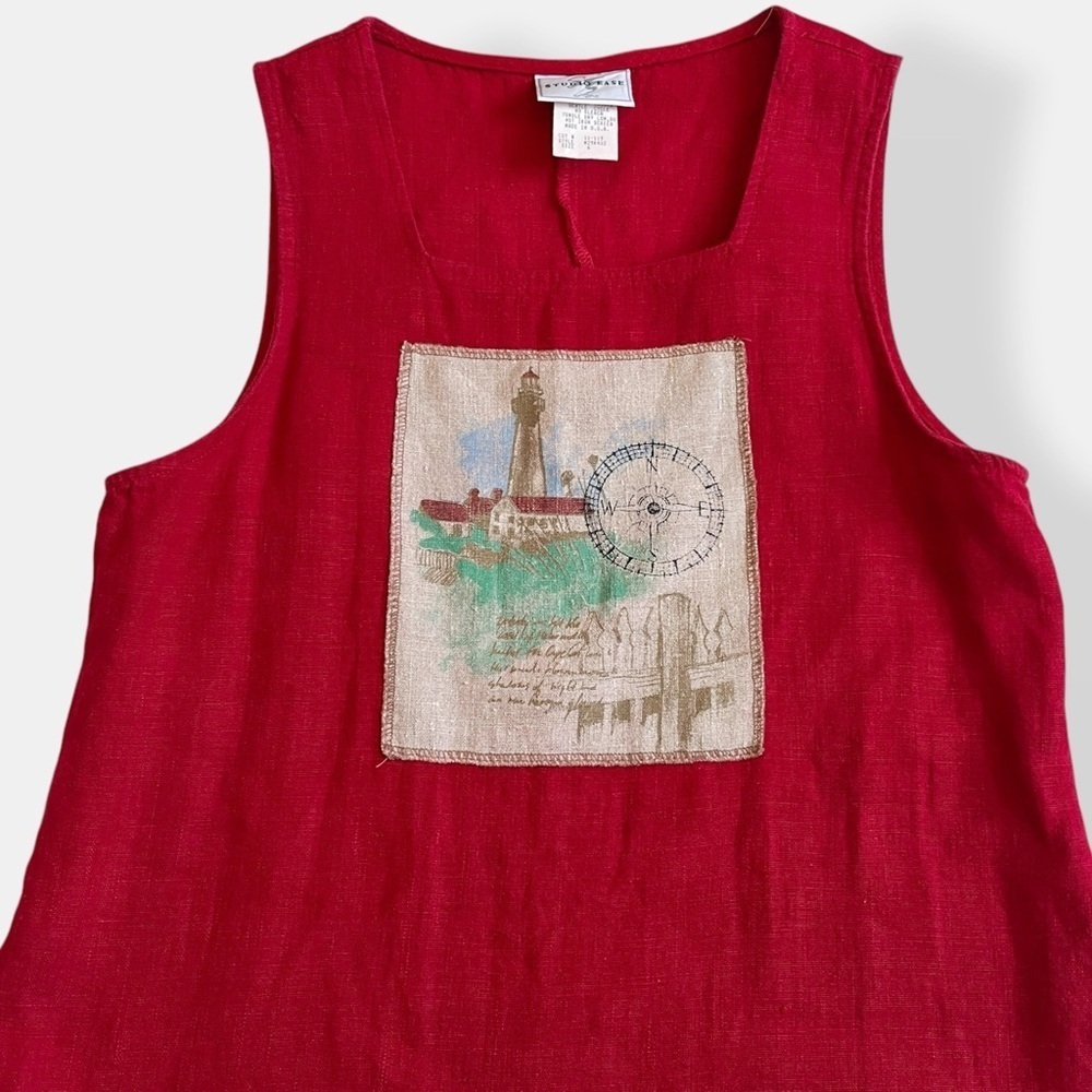 VTG 90s Red Linen Column Dress Lagenlook Coastal Grandma Midi Pinafore Dress 6 - Picture 6 of 10
